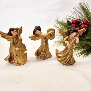 3- MCM Vintage Gold Hand Painted Woolworths Christmas Musical Angel Ornaments